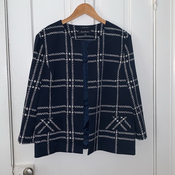 EVAN PICONE NAVY AND WHITE WINDOWPANE COLLARLESS BLAZER - Picture 3 of 8